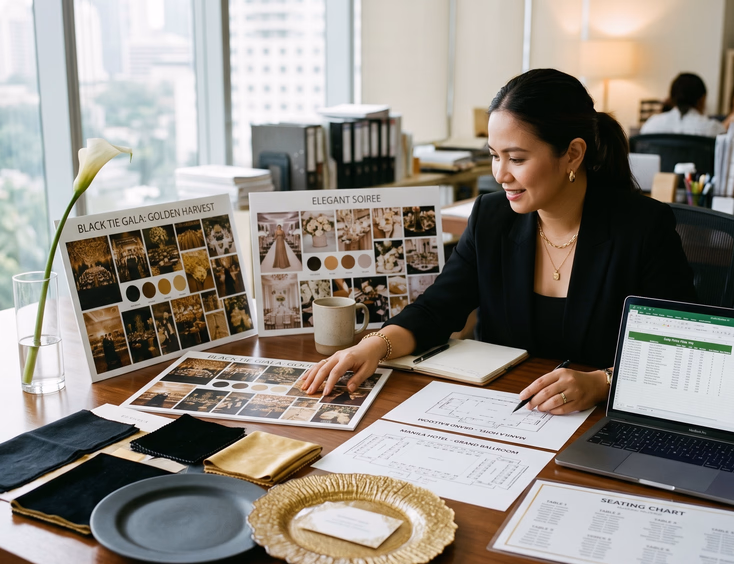 Filipino corporate events planner reviews black tie gala mood boards, venue layouts, and fabric samples at a Manila design studio table.