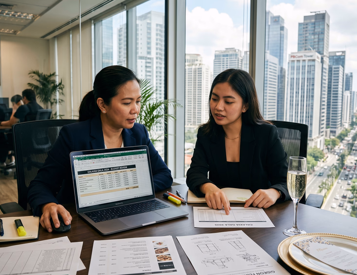 Filipino corporate finance manager and event planner review gala budget spreadsheets on a laptop inside a bright, modern Makati office.