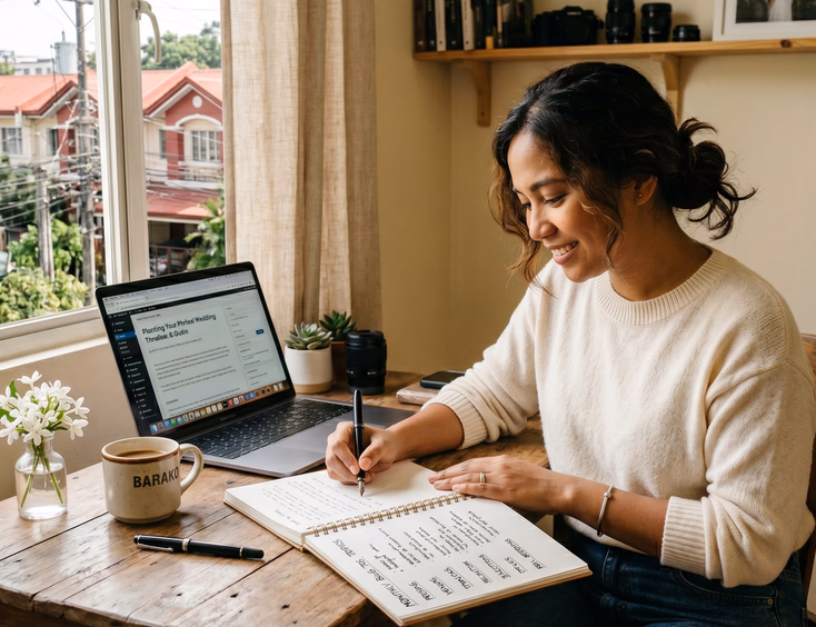 Filipino wedding photographer planning monthly blog topics in her Quezon City home studio.