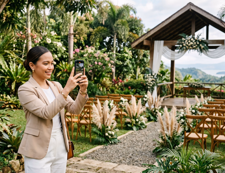 Filipino wedding coordinator photographing a Tagaytay garden venue for a blog post.