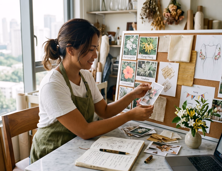 Filipino wedding florist creating a modern Filipiniana moodboard for a blog post in her Makati studio.