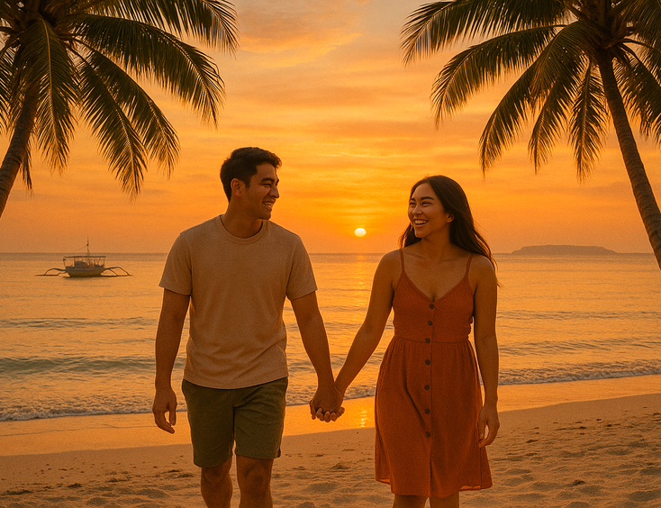 Young Filipino couple walking a quiet Panglao shoreline at sunset with palms Balicasag on the horizon and gentle turquoise water