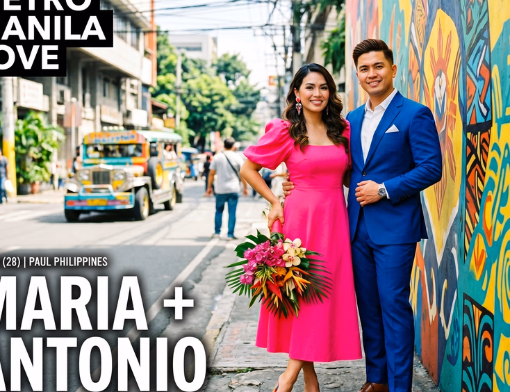 Filipino couple in bold hot pink dress and cobalt blue suit posing against a bright urban wall in the Philippines.