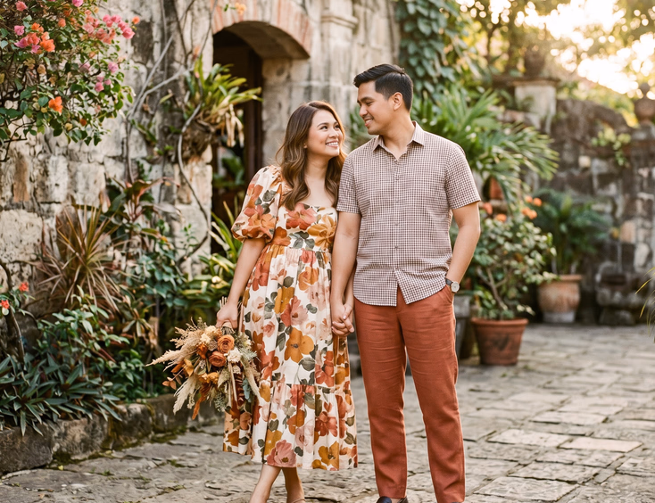 Filipino couple in coordinating floral print dress and grid patterned shirt during a styled prenup shoot.