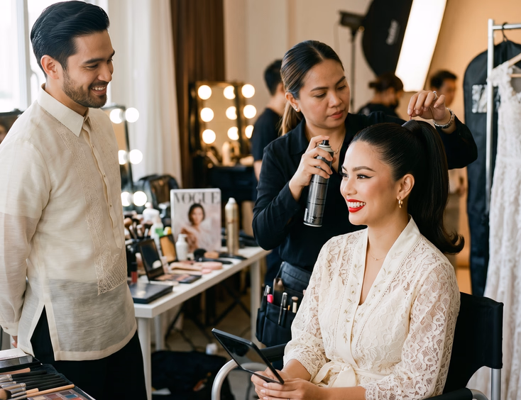 Behind-the-scenes editorial shot of a Filipina bride getting hair styled with the groom nearby.