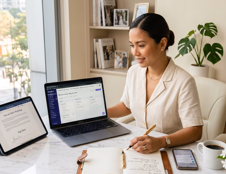 Filipino wedding planner managing client inquiries and digital contracts on a laptop in her Makati office.