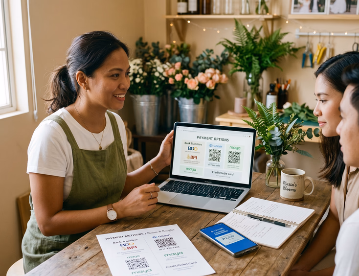 Filipino wedding florist displaying digital payment processing options on her laptop in a Pasig studio.