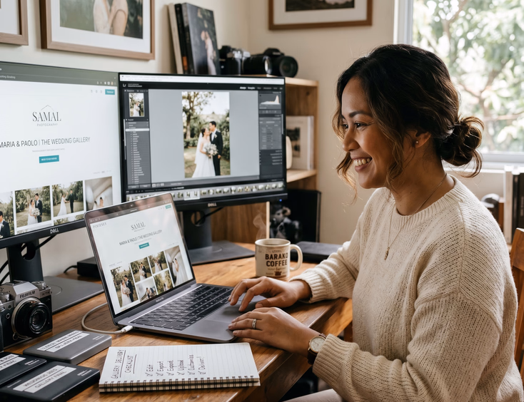 Filipino wedding photographer delivering a final wedding gallery on her laptop in a Marikina studio.