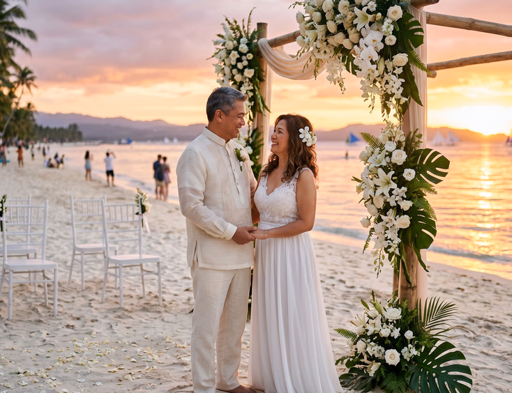 Filipino couple in their 50s holding hands under a floral wedding arch on Boracay beach during golden hour.