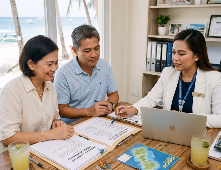 Filipino couple in their 40s reviewing wedding permit paperwork with a coordinator in a Boracay office.