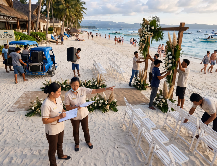Filipino vendors and coordinators setting up a beachfront wedding ceremony with chairs and a floral arch on Boracay.