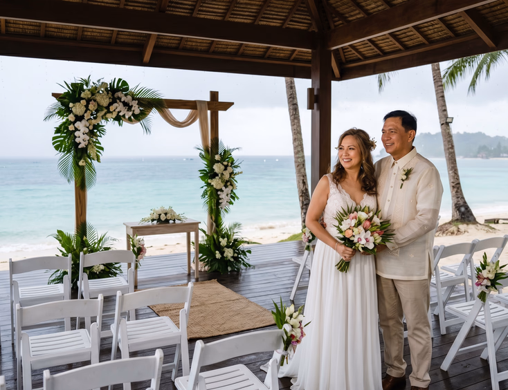 Filipino couple in their 50s standing inside a covered Boracay beachfront pavilion watching light rain.