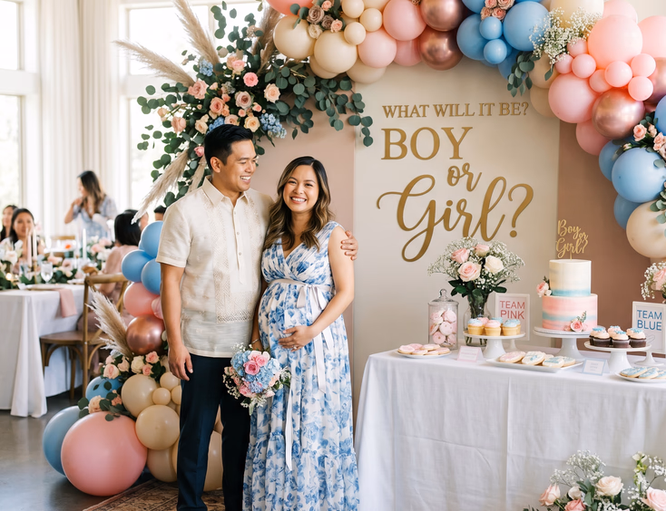 A smiling Filipino couple stands before a bright pink and blue gender reveal backdrop with a gold sign and balloon arch.