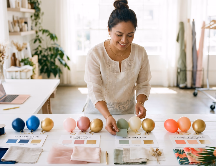 A Filipino party planner organizes gender reveal color palettes with balloons and swatches in classic and tropical tones.