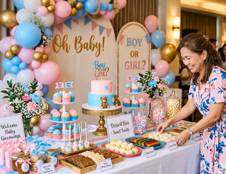 A Filipino mother organizes a themed dessert table for a gender reveal, featuring pink and blue kakanin and cupcakes.