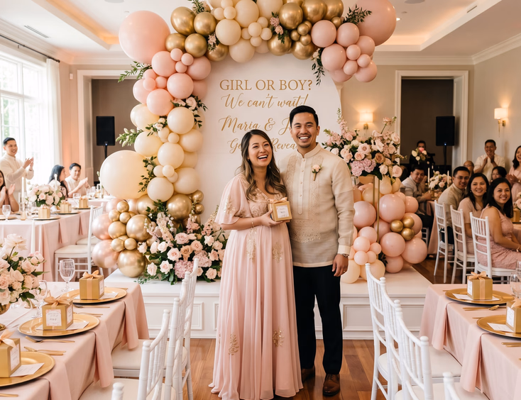 A Filipino host couple poses in a beautifully coordinated blush and gold themed gender reveal venue with matching decor.