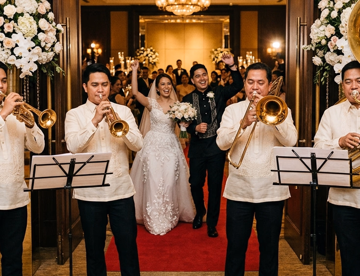 Filipino brass quartet in ivory barong tagalog performing at a hotel ballroom entrance as a Filipino bride and groom walk through with arms raised
