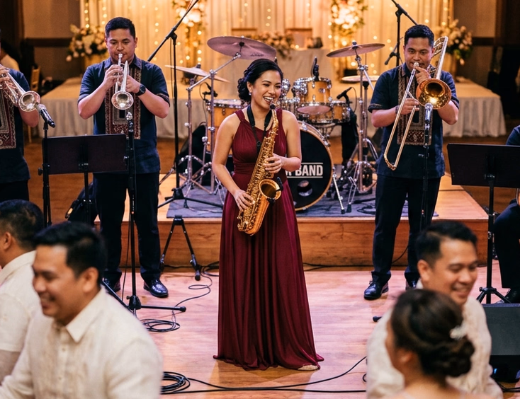 Filipino female saxophonist in a burgundy gown performing at center stage alongside a four-piece brass quartet at an indoor wedding reception with guests dancing in the foreground