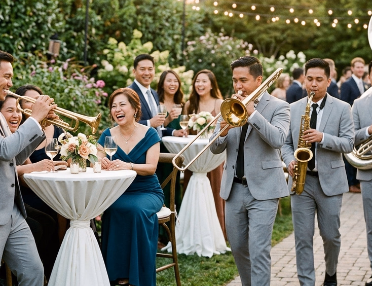 Filipino brass quartet in light gray suits strolling between cocktail tables at an outdoor garden wedding reception during golden hour
