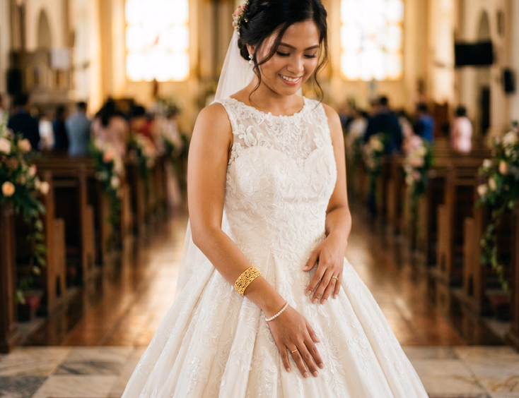 Filipino bride in sleeveless ivory ball gown wearing gold filigree bangle and pearl strand bracelet, hands resting on gown skirt in sunlit church aisle with capiz shell windows, editorial wedding photography