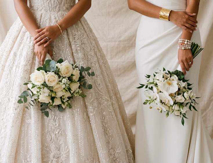 Side-by-side composition of two Filipino brides from waist down, one wearing a single gold bangle with beaded ball gown and the other a hammered gold cuff with stacked pearl bracelet on minimalist crepe gown, studio lighting, editorial bridal fashion photography