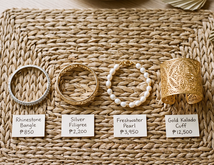 Flat lay of four Filipino bridal bracelets on abaca placemat ranging from crystal rhinestone bangle to gold filigree kalado cuff with handwritten price tags, editorial jewelry product photography
