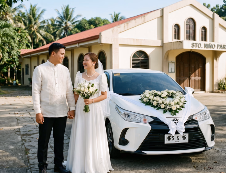 Filipino bride in white wedding dress and groom in white Barong Tagalog standing beside a white Toyota Vios decorated with a heart-shaped white rose arrangement in front of a modest Philippine church in morning sunlight