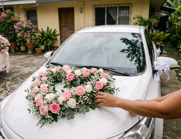 Close-up of a Filipino woman's hands attaching a heart-shaped pink and white rose arrangement with baby's breath onto the hood of a white sedan with satin ribbon bows on the side mirrors on a residential driveway