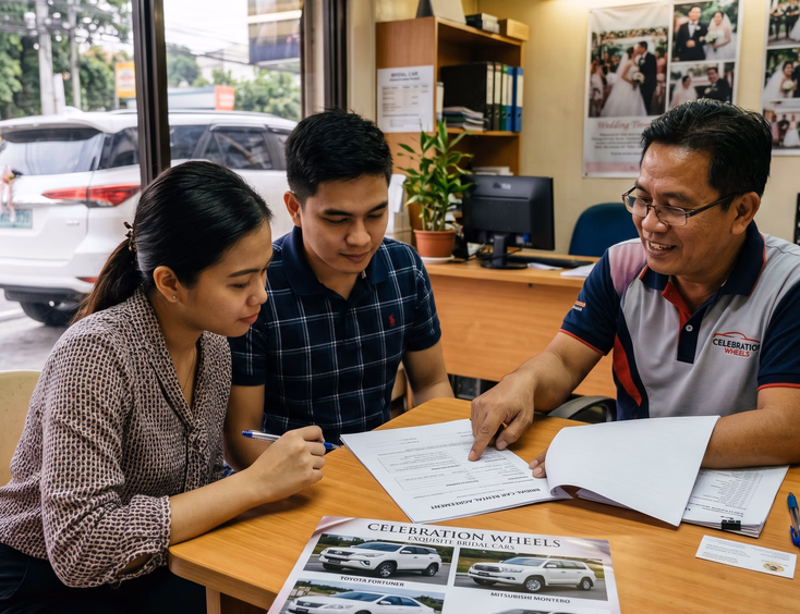 Filipino couple reviewing a bridal car rental contract and brochure with a rental provider at a small desk in a modest office with a white sedan visible through the window