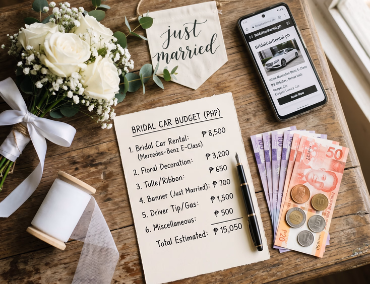 Flat lay of Philippine wedding bridal car budget planning items including a handwritten peso budget list white roses satin ribbon a Just Married banner hundred-peso bills and a smartphone showing a bridal car rental listing on a wooden table