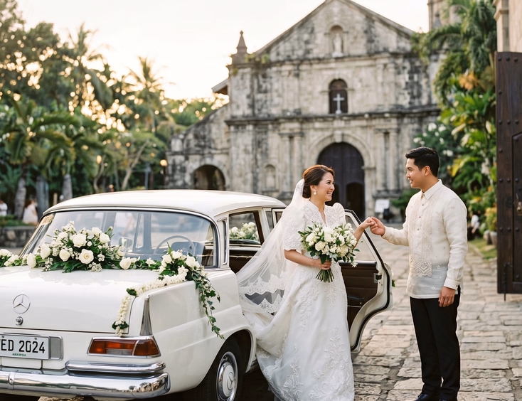Filipino bride in white wedding gown stepping out of a classic white vintage car decorated with white flowers, assisted by a groom in cream Barong Tagalog, in front of a stone Catholic church at golden hour