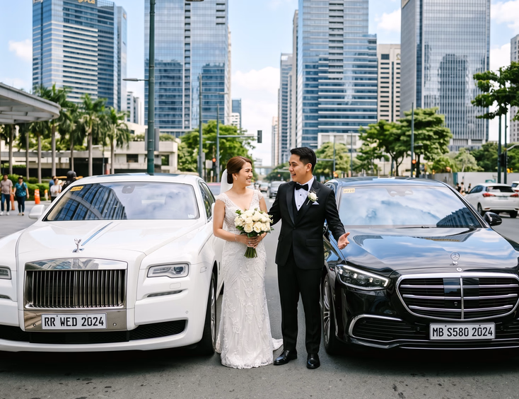 White Rolls-Royce Ghost and black Mercedes-Benz S-Class parked side by side on a Manila street with a Filipino couple in formal wedding attire standing between the two luxury cars