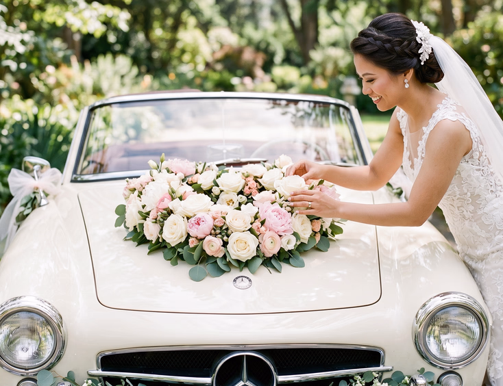 Close-up of a vintage cream car hood decorated with a heart-shaped arrangement of white roses and pink peonies with a Filipino bride in white lace wedding gown adjusting the flowers in an outdoor garden setting