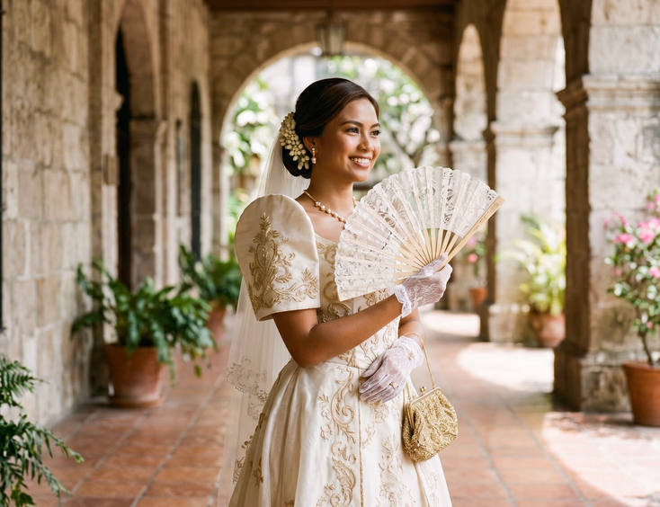 Filipino bride in piña fabric terno gown holding ivory lace abanico beside her face wearing white lace gloves and gold beaded clutch in sunlit Spanish colonial church corridor, editorial wedding photography