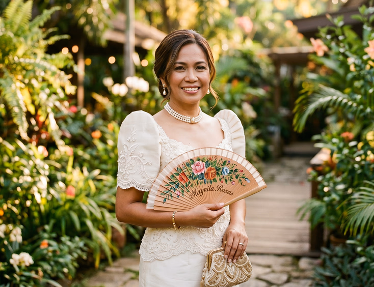 Filipino bride in white Filipiniana terno gown wearing pearl drop earrings and choker holding hand-painted wooden abanico and gold beaded clutch in warmly lit garden, styled editorial wedding photography