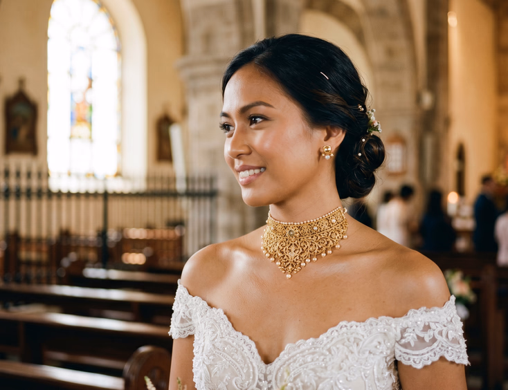Filipino bride in white off-shoulder gown wearing gold filigree choker necklace standing in sunlit church nave with arched windows, editorial wedding photography