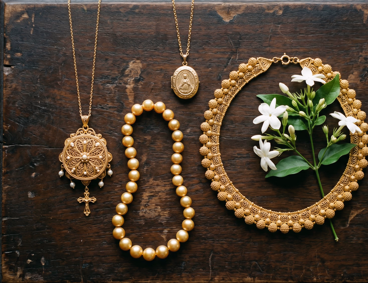 Flat lay of Filipino bridal jewelry on antique wooden table featuring gold filigree pendant, South Sea pearl strand, relicario locket, and gold kamagi choker with fresh sampaguita, editorial product photography