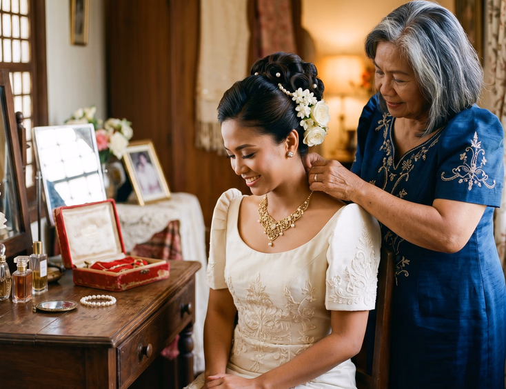 Filipino bride sitting at wooden vanity as older woman clasps vintage gold necklace, open velvet jewelry box on table, warm window light on hands, editorial wedding photography
