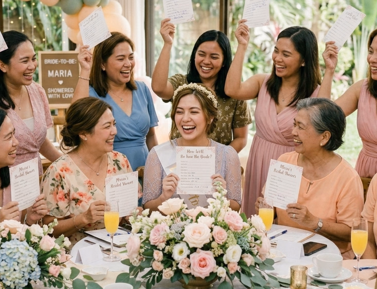 A multigenerational group of Filipino women laughing and holding up answer sheets during a bridal shower game with the bride in a floral crown and white sash at the center surrounded by pastel floral centerpieces