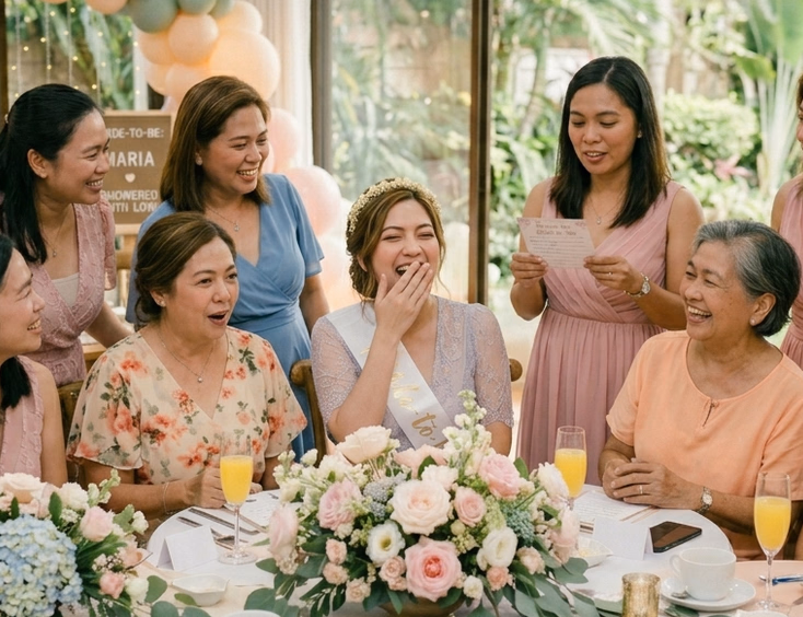 A Filipino bridesmaid standing and reading from a card while the bride covers her mouth laughing and guests react with surprised and amused expressions at a pastel decorated bridal shower table