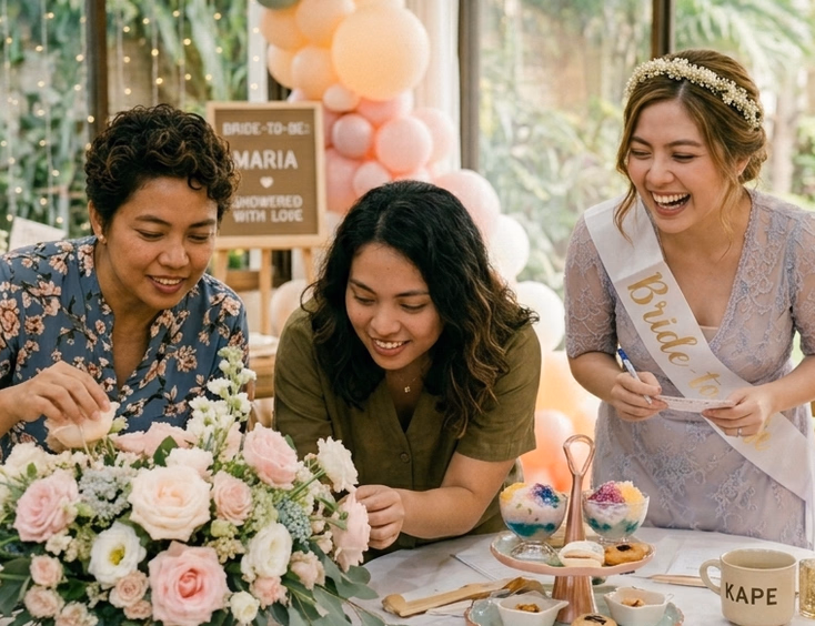 Three Filipino women of different ages searching around a decorated bridal shower venue with playful expressions peering behind floral centerpieces and checking under a dessert platter