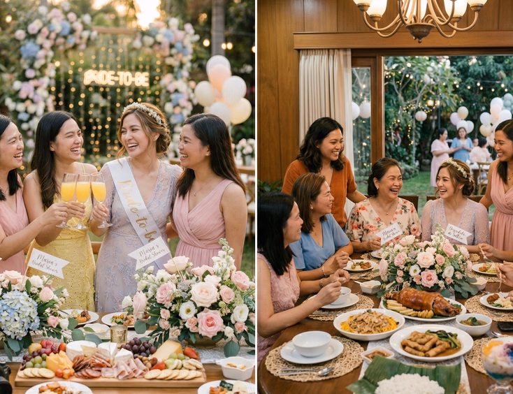 Side-by-side comparison of two Filipino women's celebrations showing a styled bridal shower with pastel floral decor and mimosas alongside a multigenerational despedida de soltera with traditional Filipino food