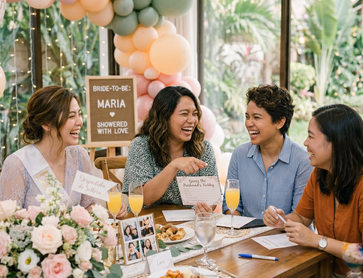 Four Filipino women in their late 20s laughing and playing a party game at a decorated bridal shower table with floral centerpieces and pastel balloons in a bright styled event space