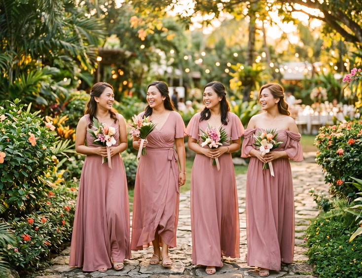 Four Filipino bridesmaids in different silhouettes of the same dusty rose chiffon fabric walking side by side along a stone garden pathway at a Philippine wedding venue lined with tropical greenery and flowering hedges in warm golden afternoon sunlight
