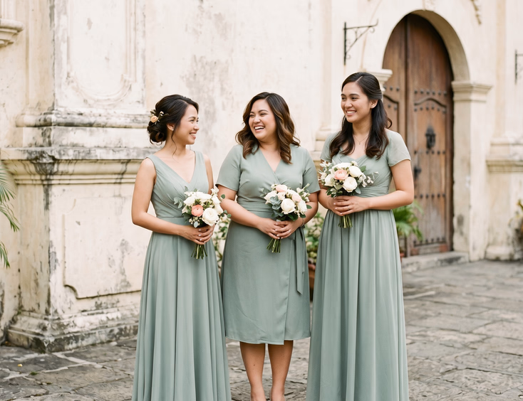 Three Filipino bridesmaids of different body types and heights wearing A-line, wrap-style, and empire waist gowns all in sage green chiffon standing in front of a cream-colored Philippine church wall holding small bouquets of white and blush flowers in soft diffused daylight
