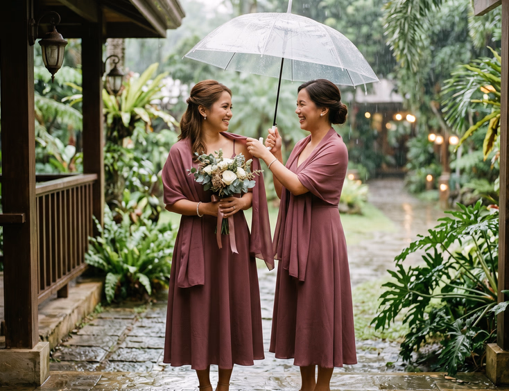 Two Filipino bridesmaids in deep mauve tea-length crepe dresses standing under a clear umbrella on a covered veranda at a Philippine garden venue with light rain falling against lush tropical foliage visible in the background