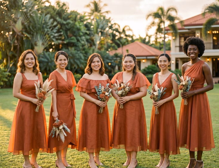 Six Filipino bridesmaids on a manicured lawn at a Philippine estate wedding venue wearing terracotta jusi fabric in six different silhouettes including A-line, wrap, off-shoulder, flutter sleeve, V-neck, and one-shoulder designs at tea-length holding dried floral bouquets in golden hour sunlight