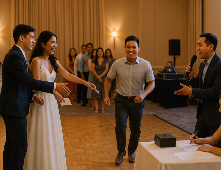 Couple and host run a Bring Me round with a guest presenting an item and a scorer tracking points