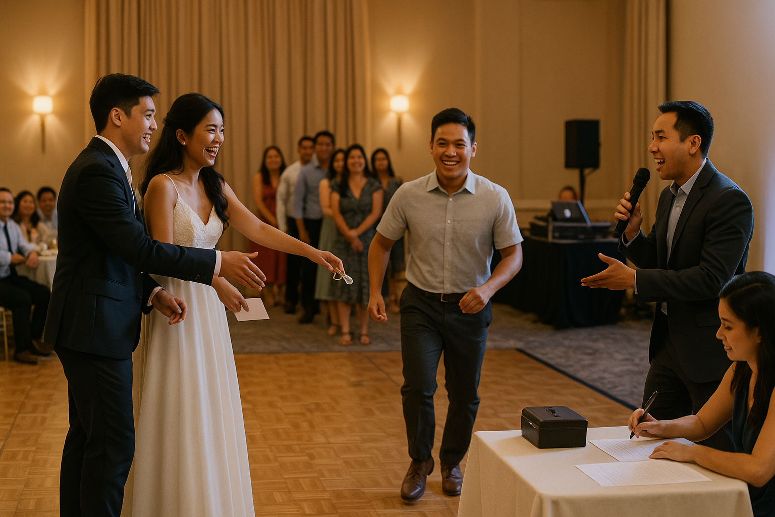 Couple and host run a Bring Me round with a guest presenting an item and a scorer tracking points