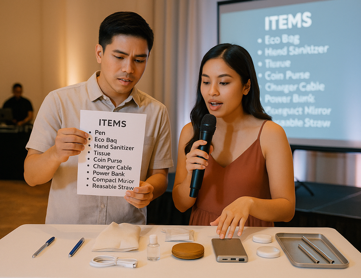 Couple checks a Bring Me item list beside a neat display of safe family friendly objects